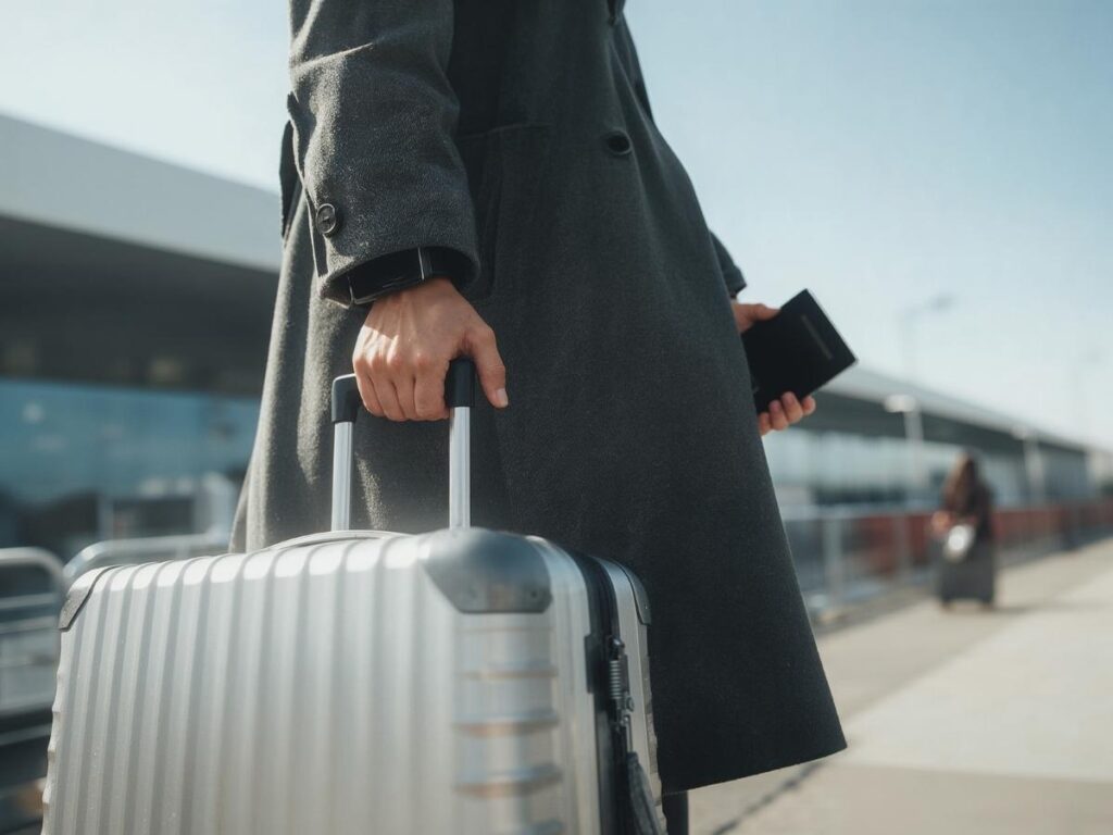 Comfortable layered travel outfit with jacket and walking shoes for airport