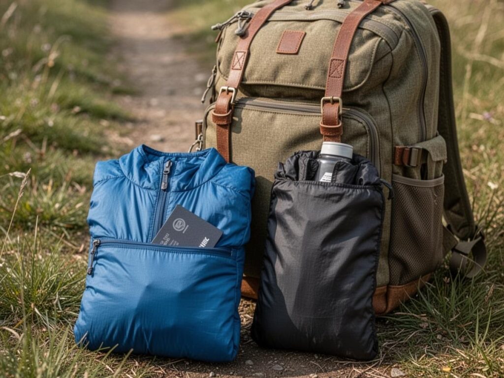 Compact packable jacket folded into its own pocket next to a travel daypack outdoors