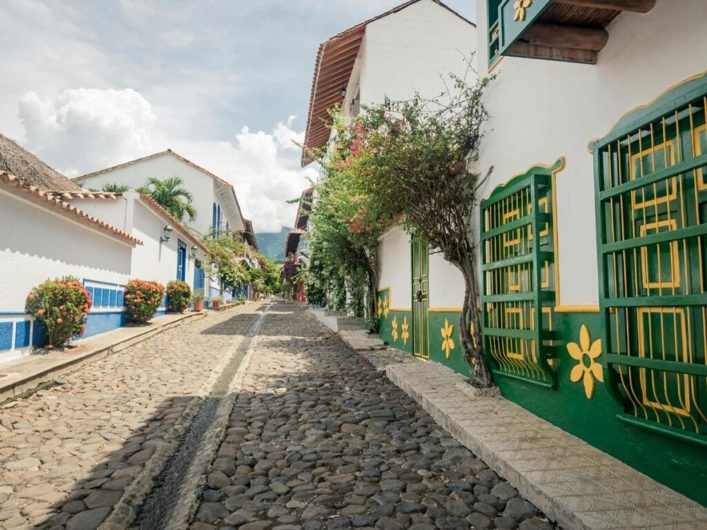 Tree-lined neighbourhood street in El Poblado, Medellín, Colombia on a calm afternoon