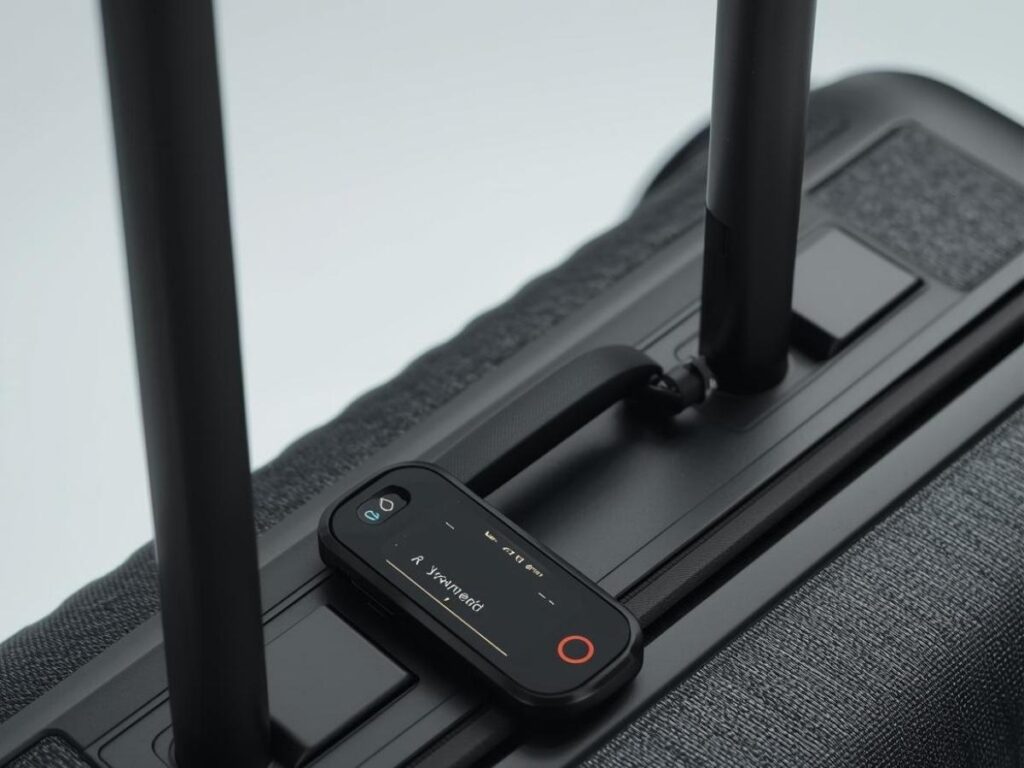 Tile Pro luggage tracker attached to black travel suitcase