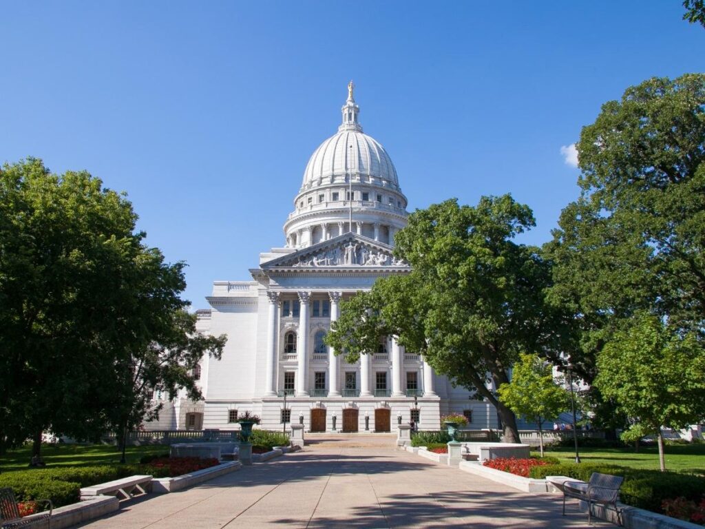 Pedestrian-only State Street in Madison Wisconsin with shops and cafes