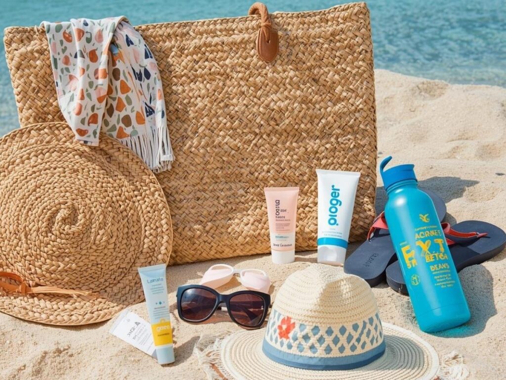 Beach essentials including approved straw mat for Italian beaches