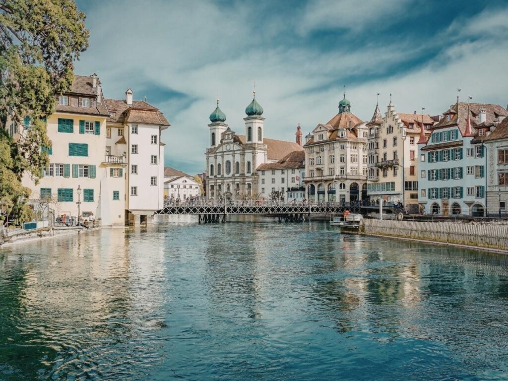 Charming lakeside town in the Midwest with historic buildings and waterfront views