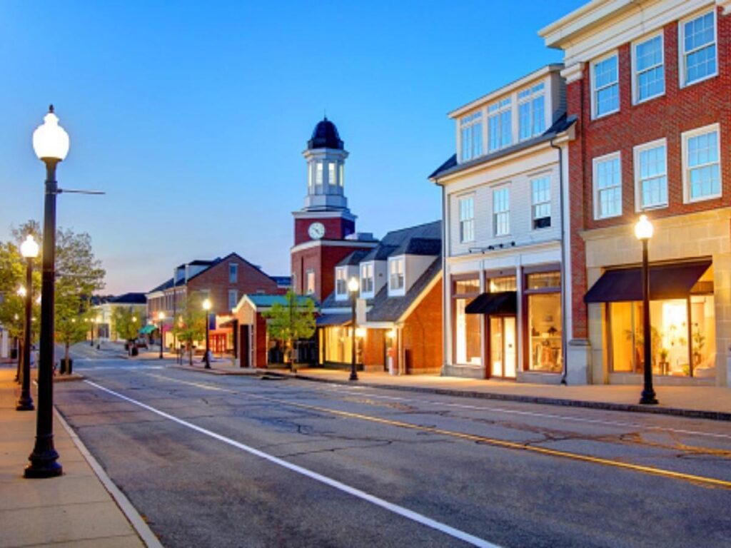 Walkable main street in Midwest town with local shops and cafes