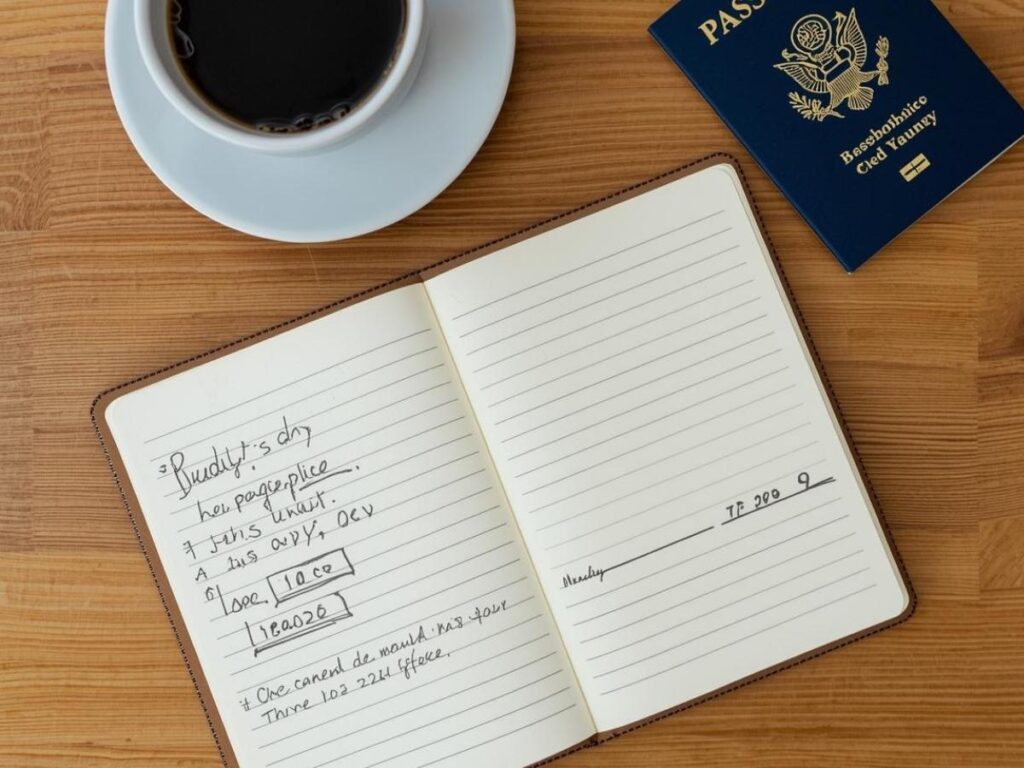Open notebook with handwritten budget next to a coffee cup and passport on a wooden desk