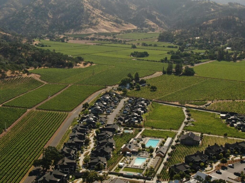 Rolling green vineyard hills in Napa Valley California with rows of grapevines stretching toward a stone farmhouse under a blue sky