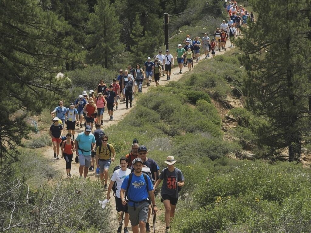  Busy trail at a US national park on a free entrance day with visitors hiking