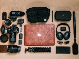 Neatly packed carry-on bag with travel essentials and tech gadgets organized