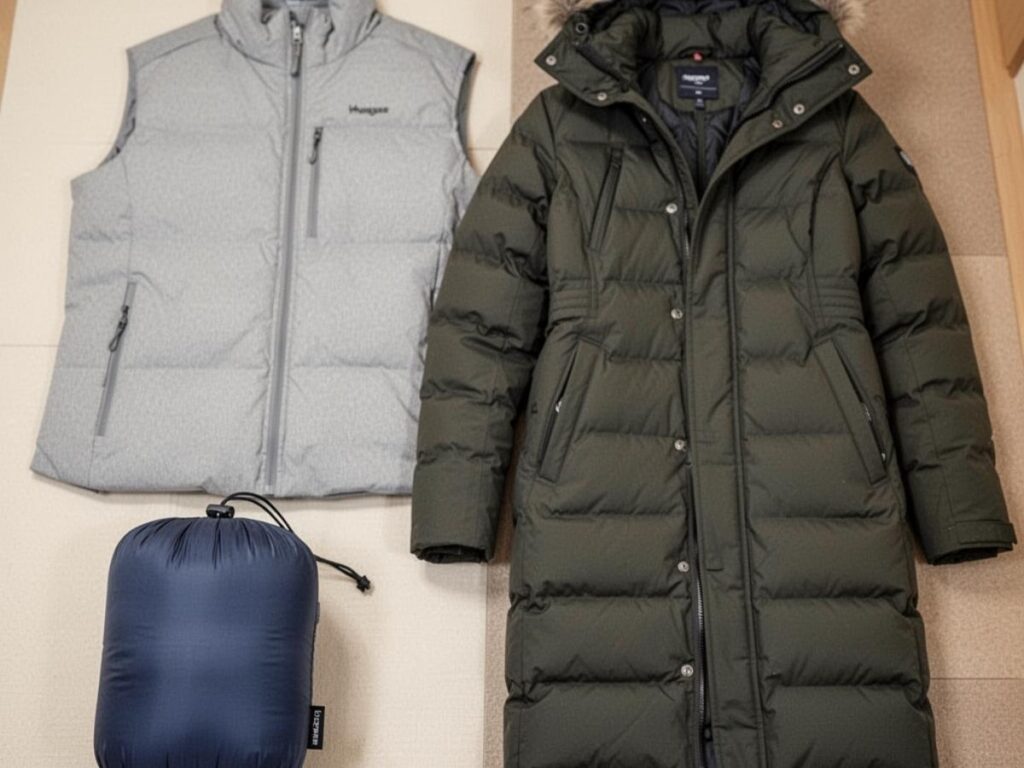 Packable down jacket compressed small next to a full-length winter coat showing size difference for travel packing