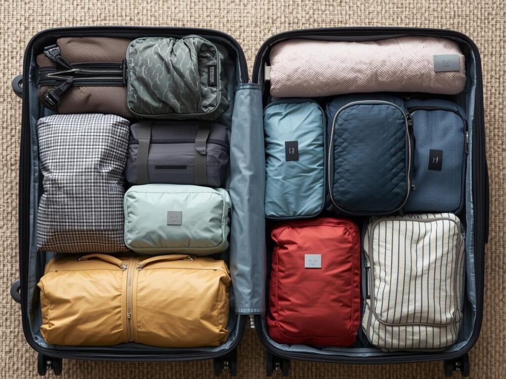  Neatly packed suitcase with color-coded packing cubes organized by category