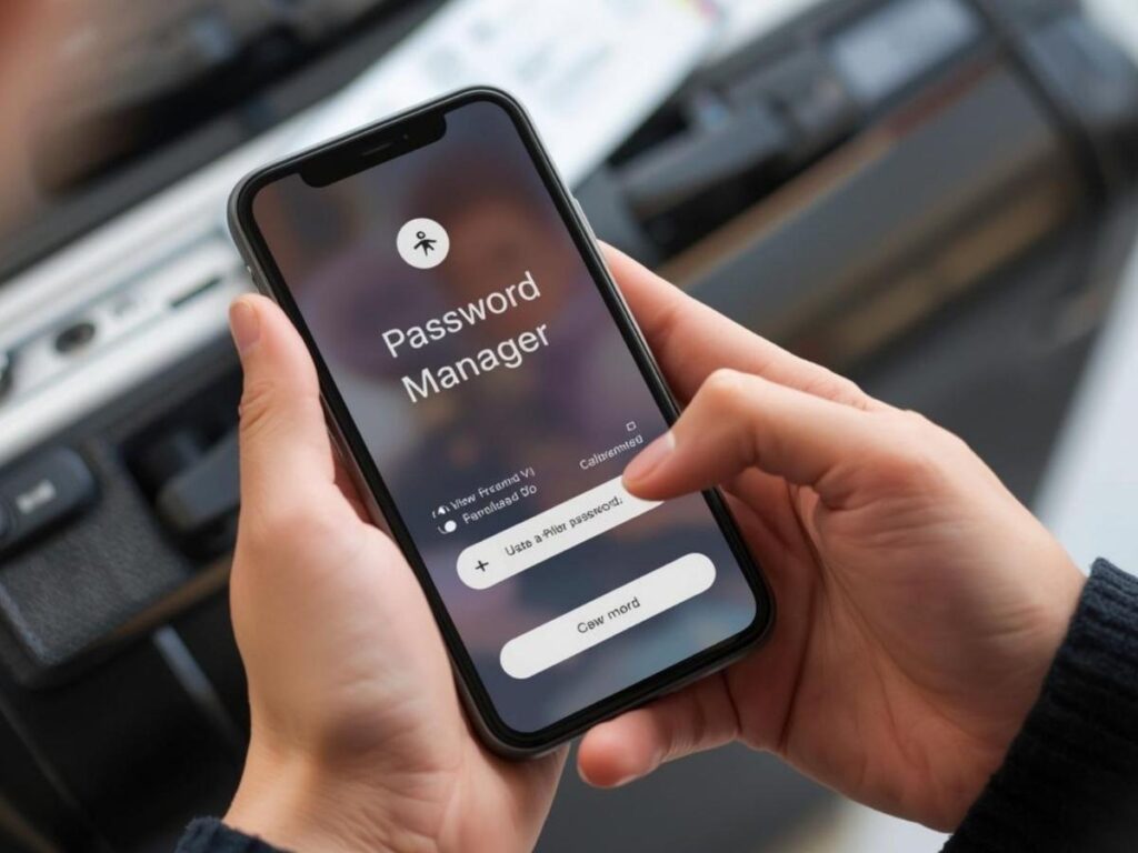 Person unlocking a password manager app on their phone with a blurred travel background showing a suitcase and boarding pass