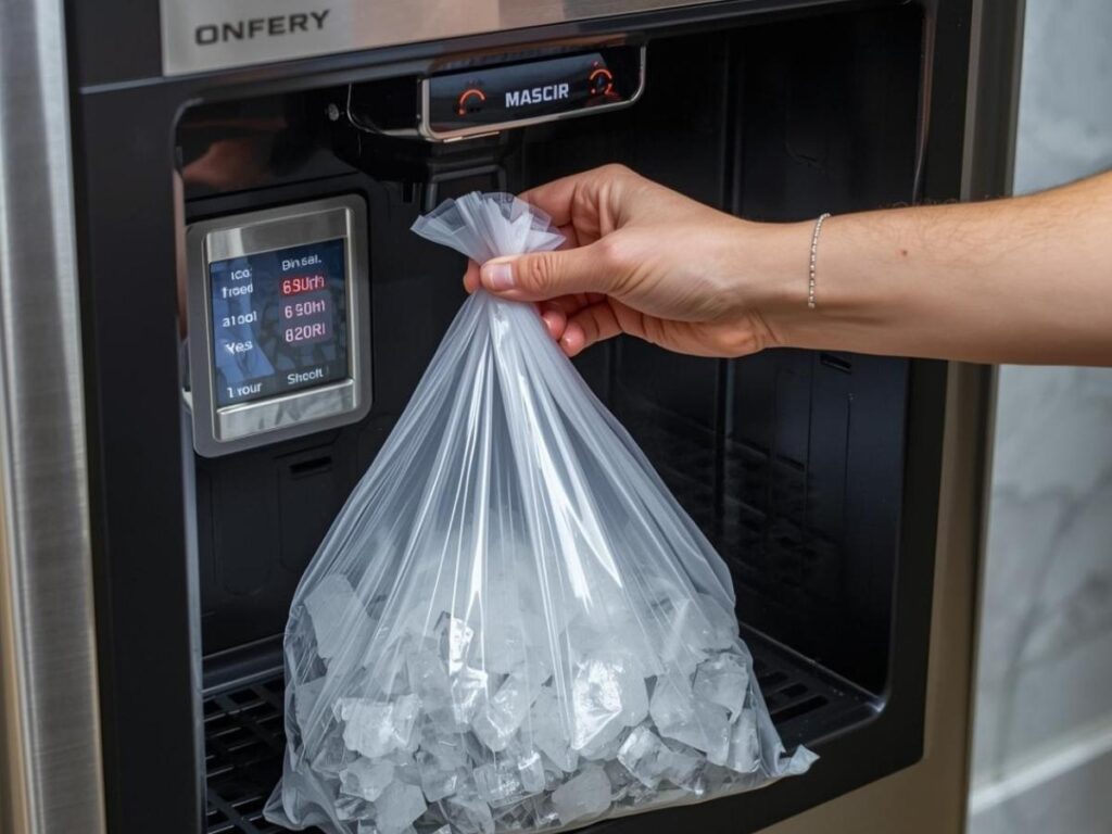 Ziploc bag collecting ice from hotel ice machine safely