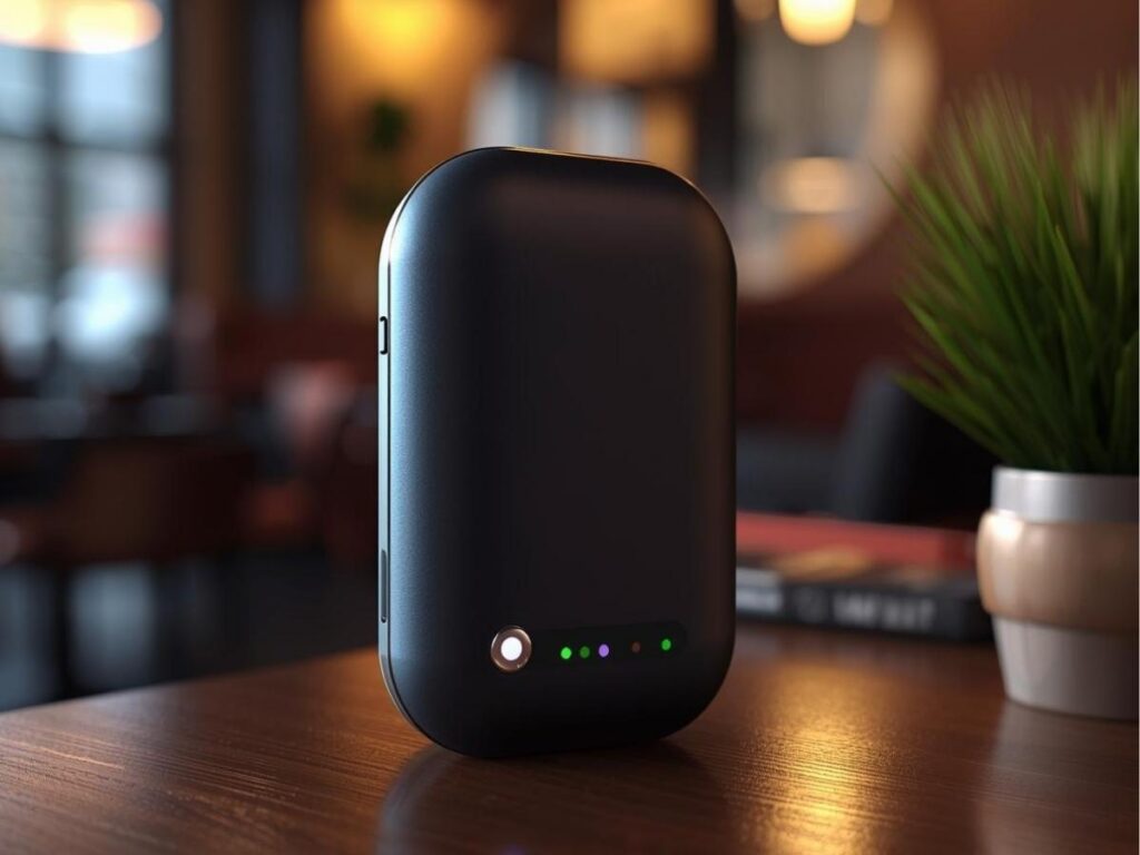 Skyroam portable Wi-Fi hotspot device in traveler's hand
