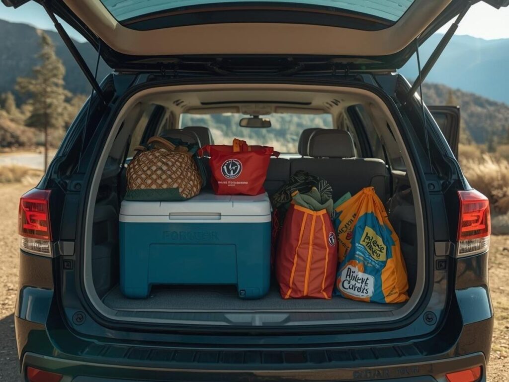 Cooler and grocery bags packed in a car for a national park road trip