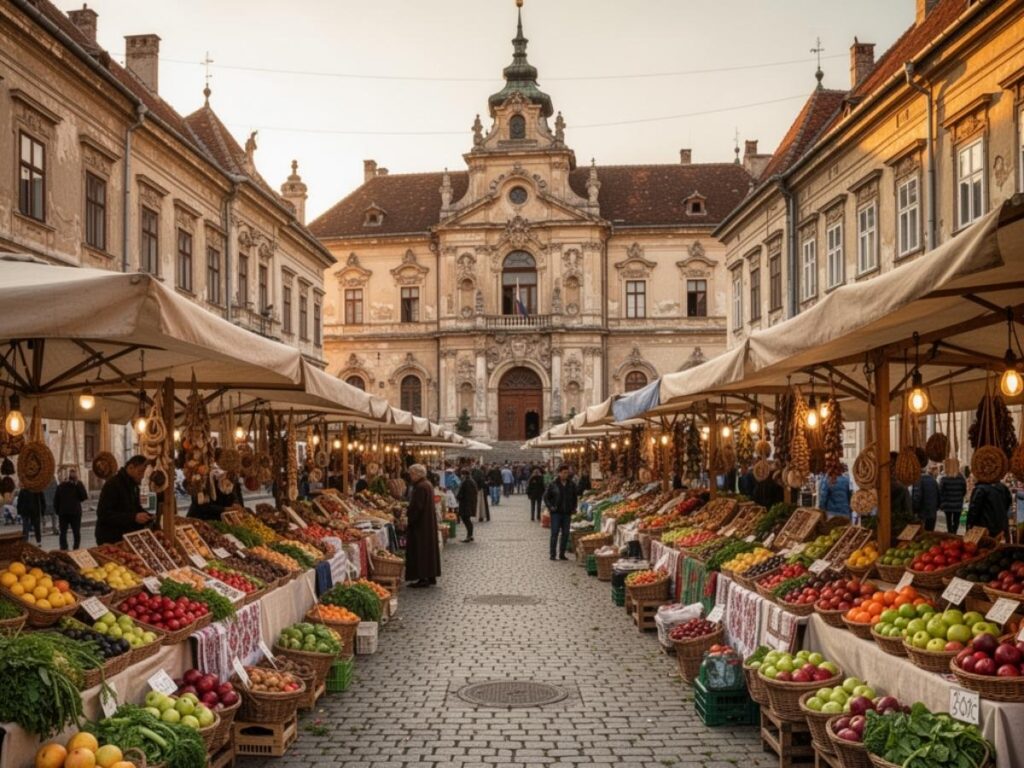 Charming old town square in Romania with historic architecture and outdoor market stalls