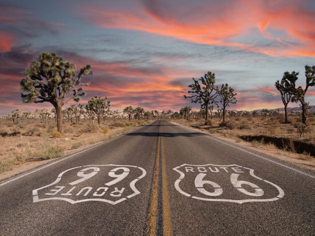Straight open road through the Mojave Desert on Route 66 in California with Joshua trees lining both sides and a vast blue sky overhead