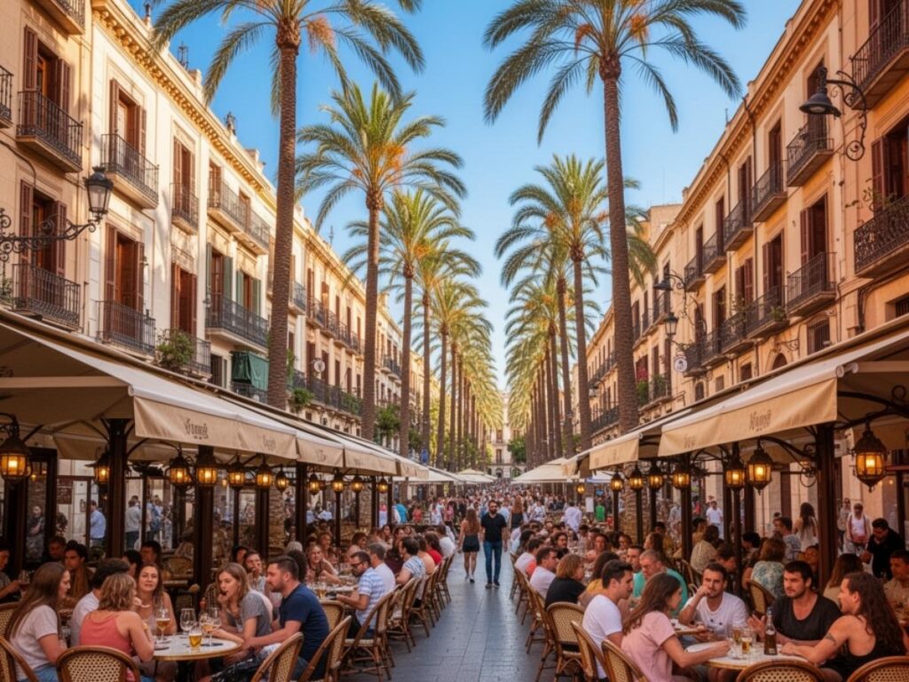 Sun-lit street in a Spanish city with café terraces and palm trees on a clear afternoon