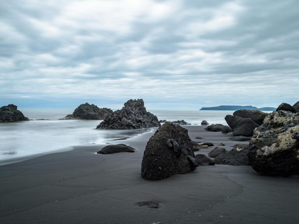 Protected volcanic sand beach in Tenerife Canary Islands