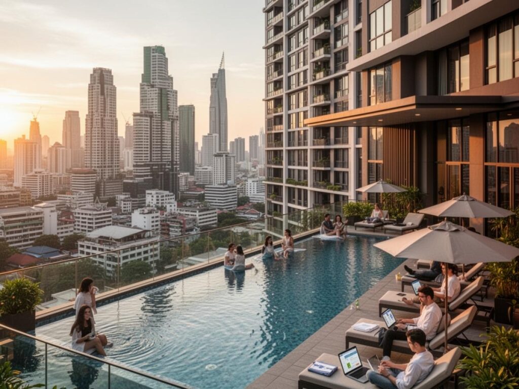  Modern apartment building in Bangkok Thailand with rooftop pool popular with digital nomads and remote workers