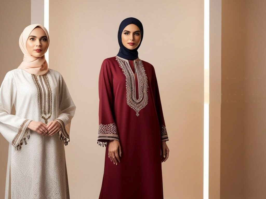 Female tourist wearing modest clothing with covered shoulders exploring Dubai souk