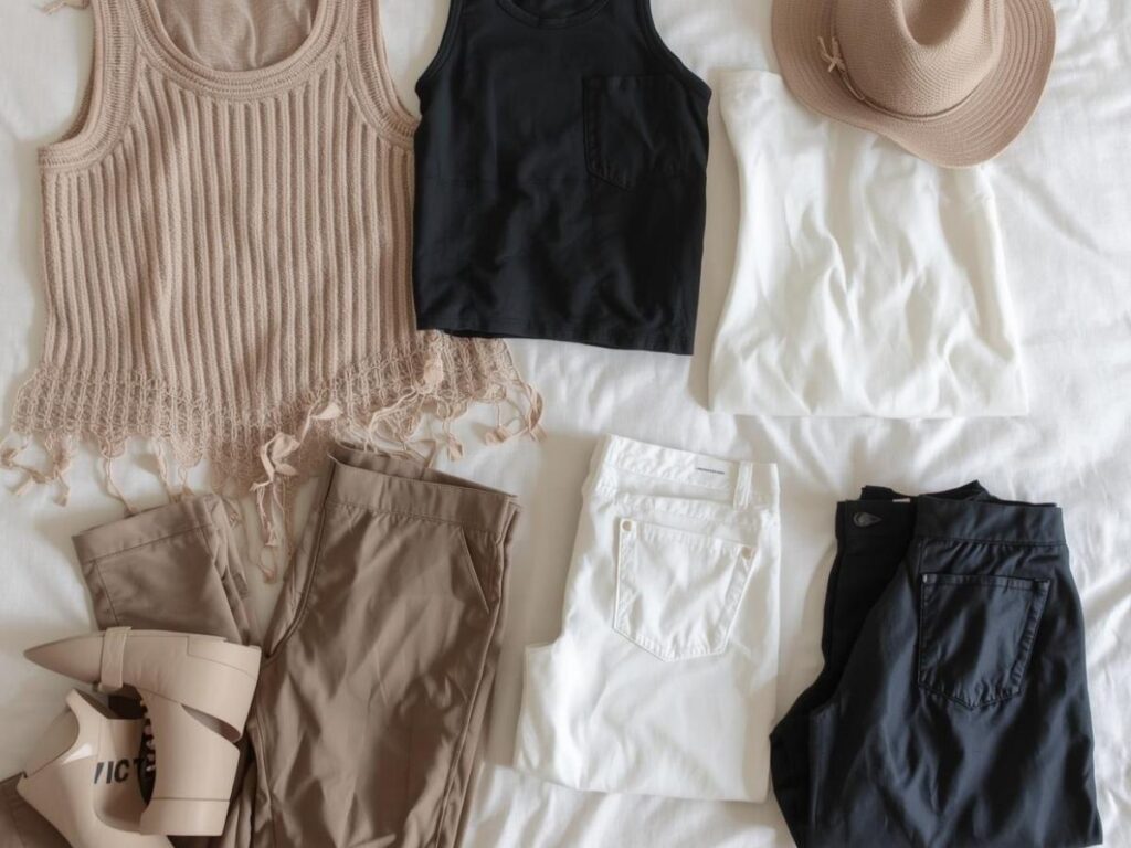 Travel capsule wardrobe with three tops, three bottoms, and versatile neutral pieces laid out on bed