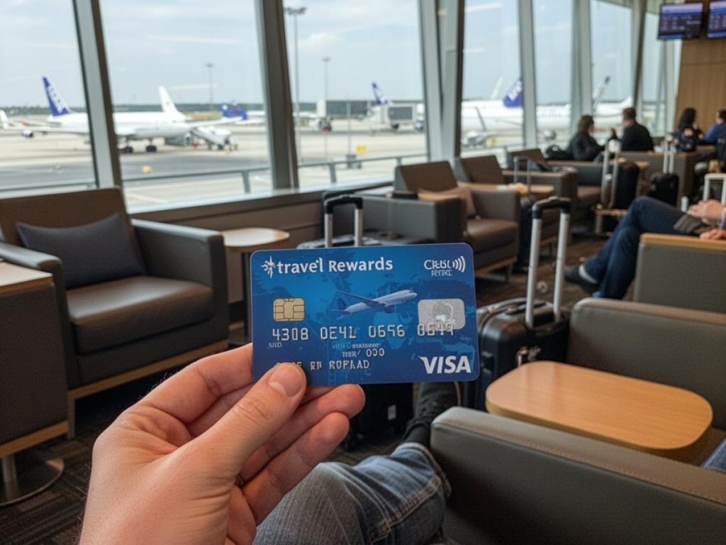 Person holding a travel rewards credit card at an airport lounge before a flight