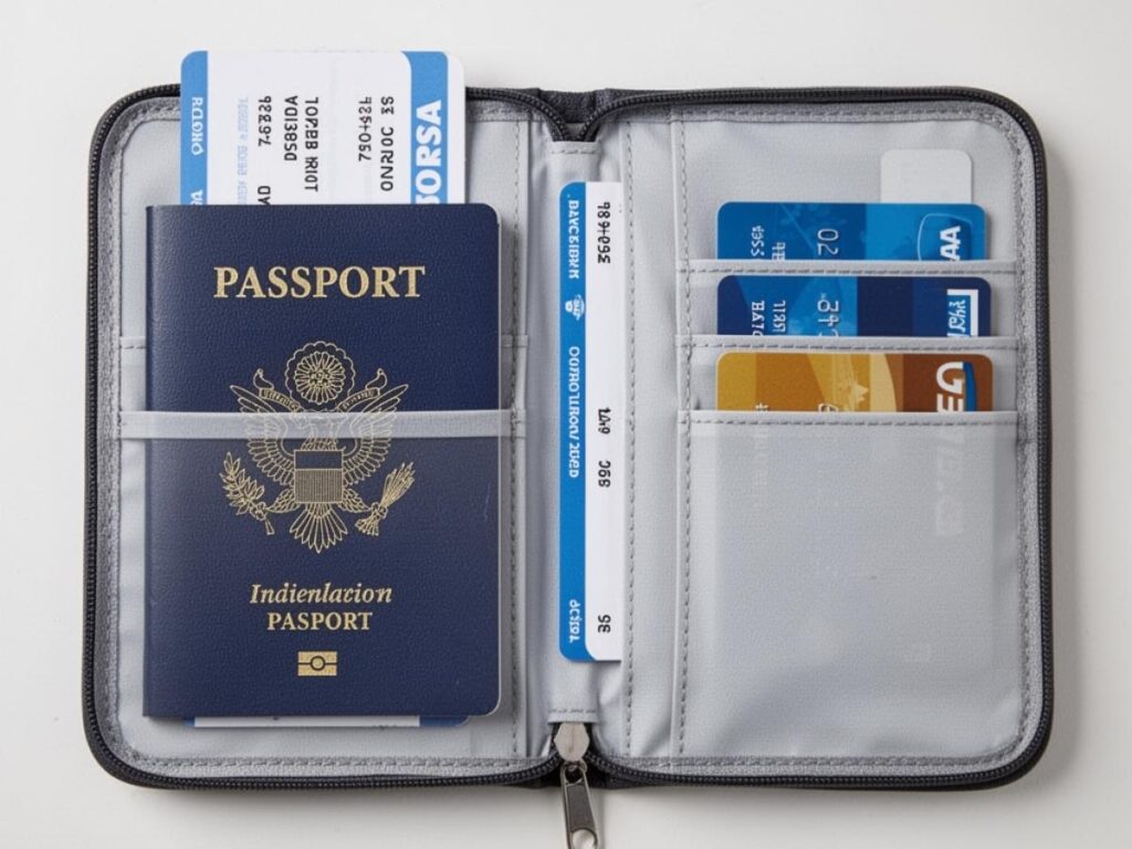 Open travel document organizer showing passport, boarding pass, and cards organized neatly