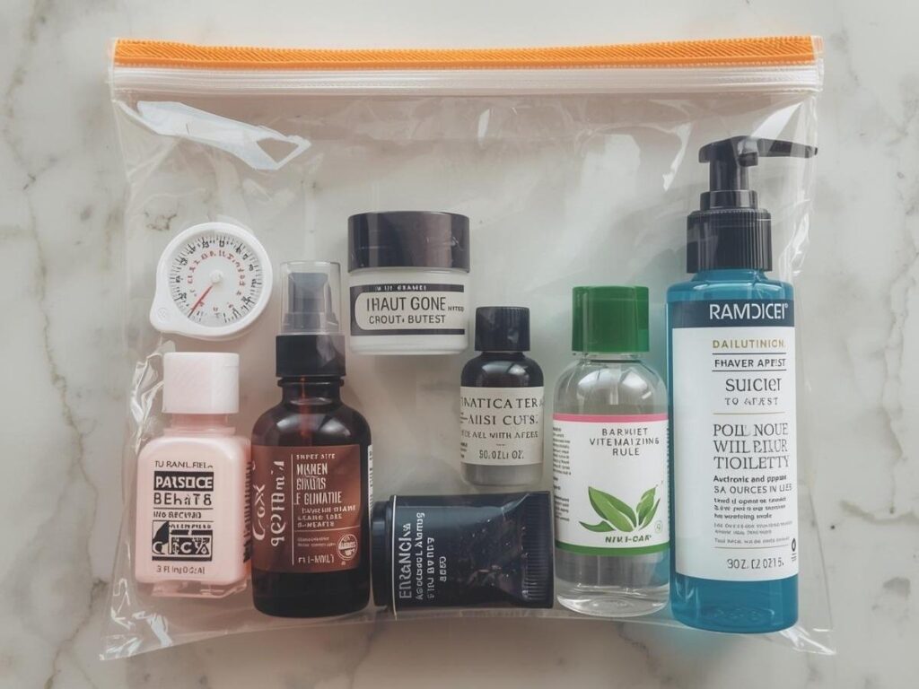 Travel-sized toiletries in a clear zip-lock bag following the 3-1-1 TSA liquid rule