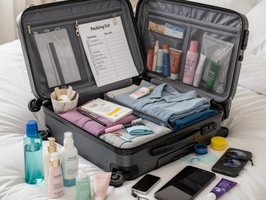 Neatly packed open suitcase on a bed with a packing list and travel essentials laid out nearby