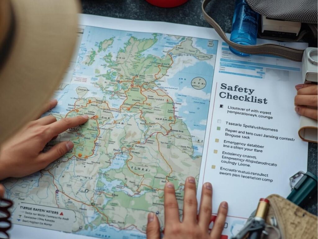 Traveler planning route with map and safety checklist