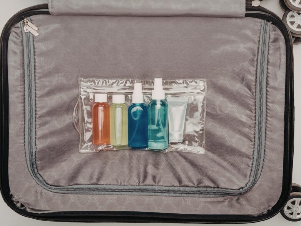 Travel size toiletries and essentials organized for carry-on packing
