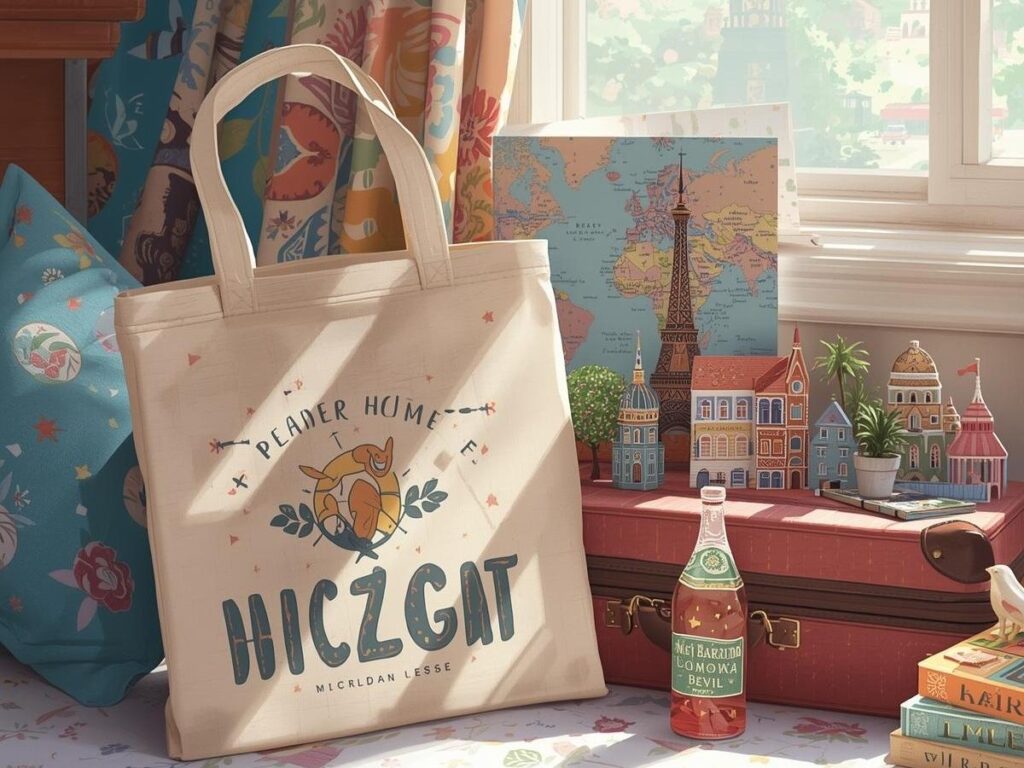 Foldable tote bag next to travel souvenirs and a half-packed suitcase