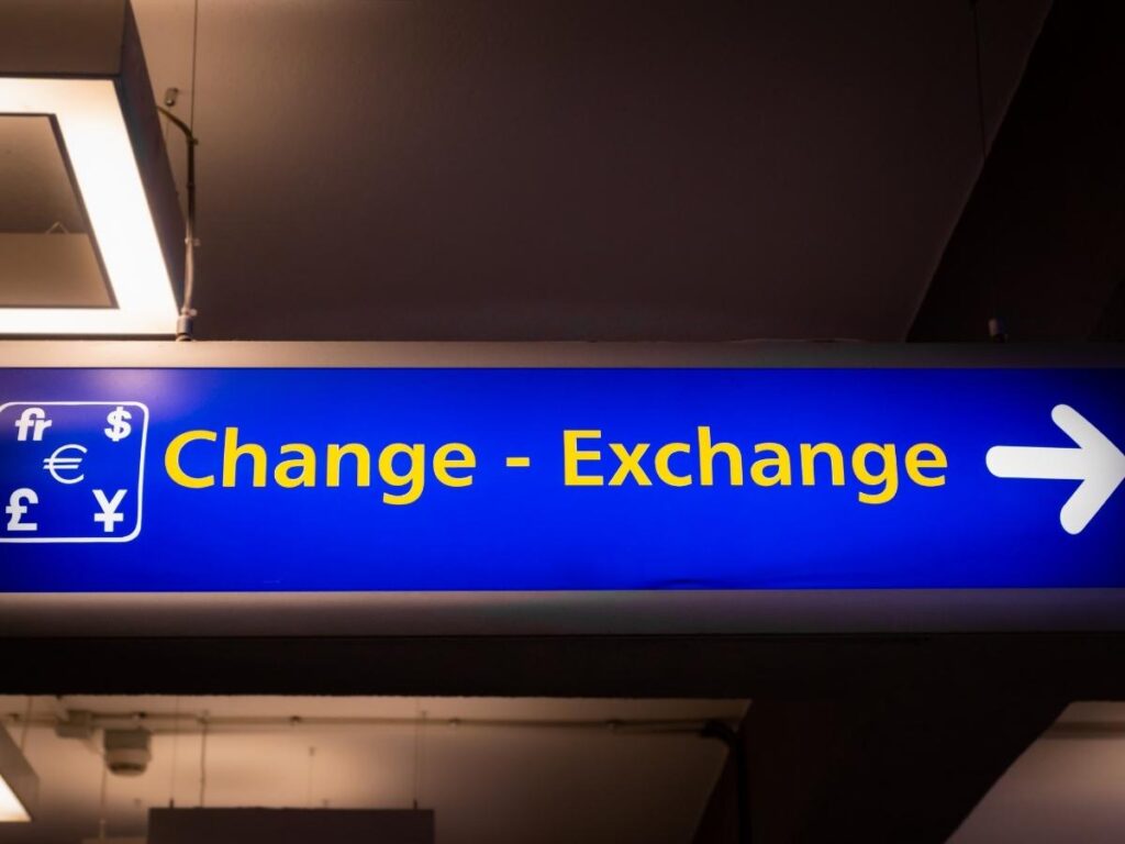  Currency exchange kiosk at European airport arrivals hall