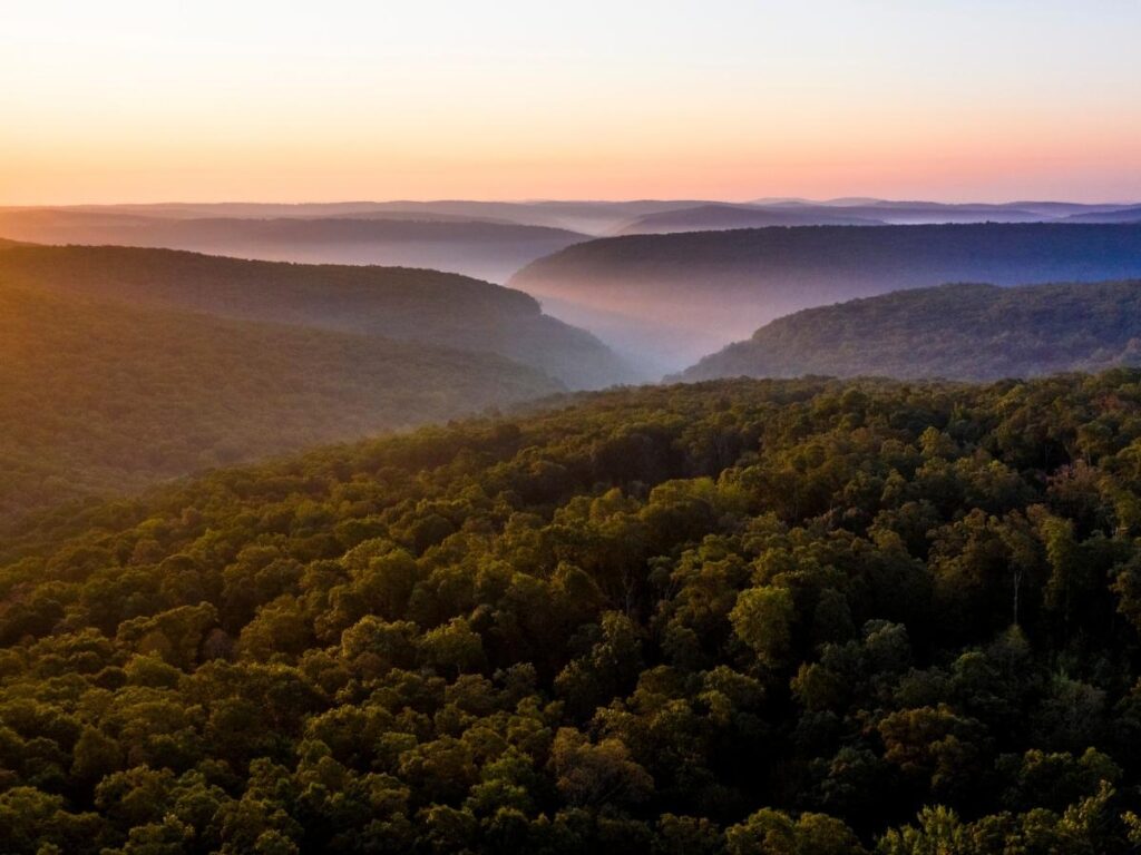 Rolling hills of the Ozarks in Arkansas on a cloudy day