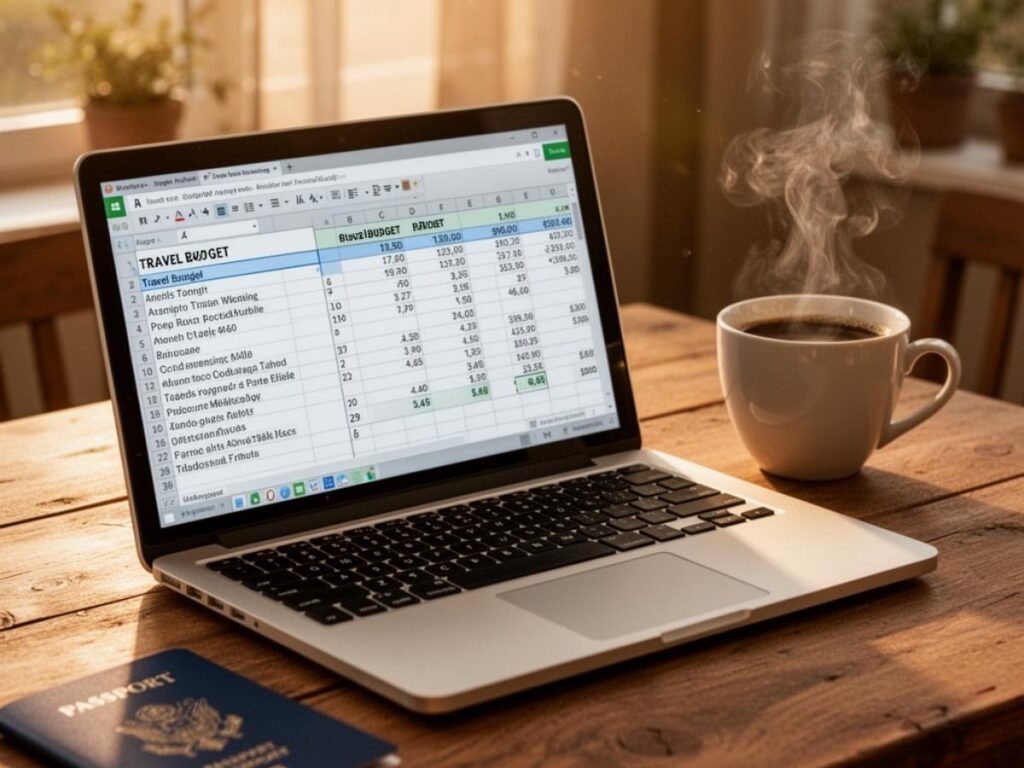Open laptop showing a travel budget spreadsheet with a coffee cup and passport nearby
