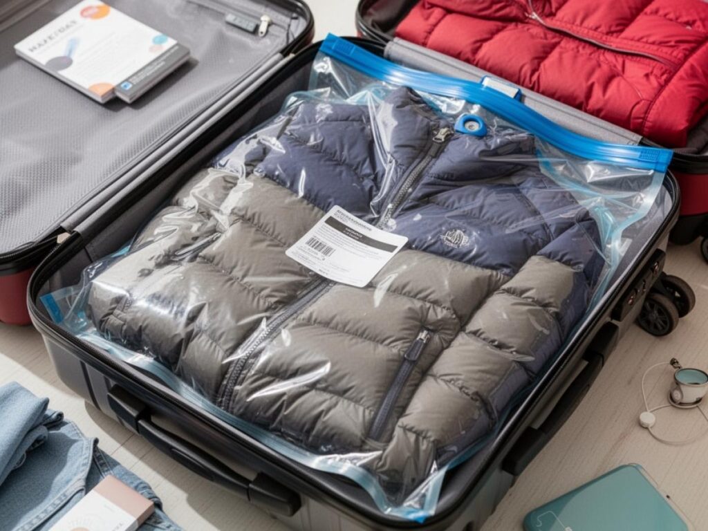 Vacuum seal travel bags compressing bulky winter jacket and puffer coat flat for packing