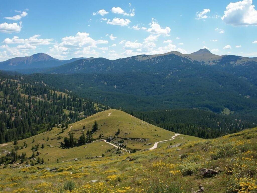 Scenic view of a US national park landscape with mountains and open trails