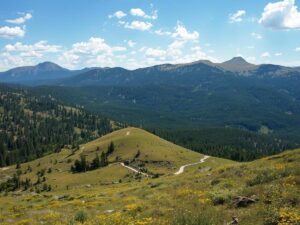 Scenic view of a US national park landscape with mountains and open trails