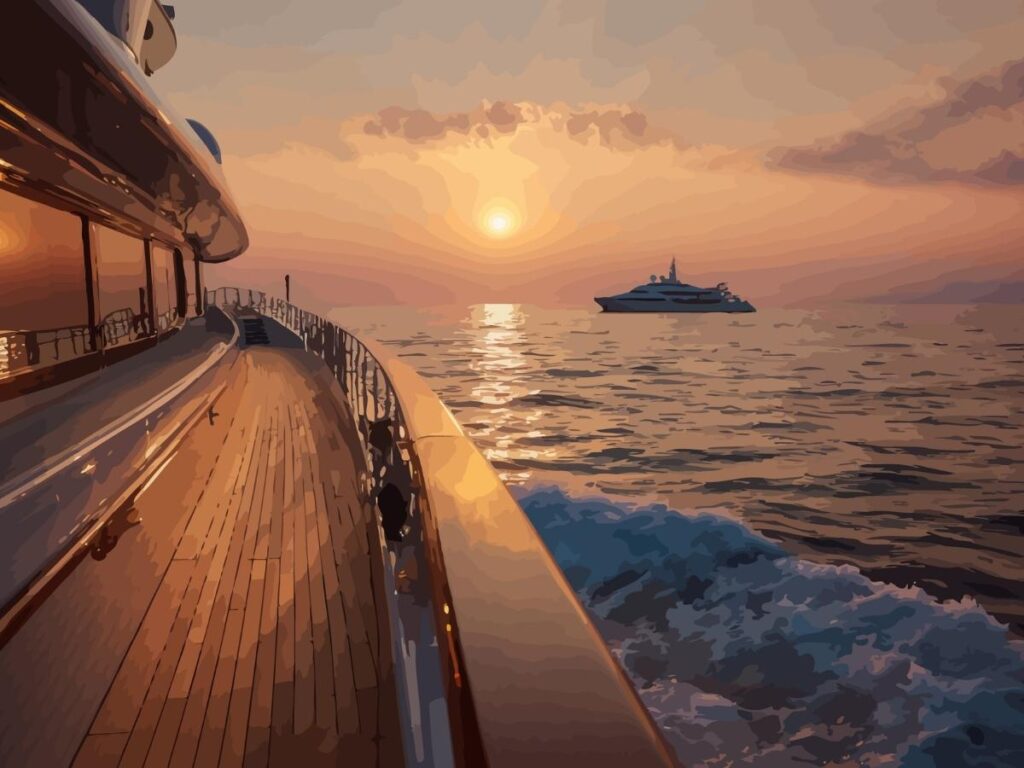  A luxury cruise ship sailing through calm blue ocean waters at sunset