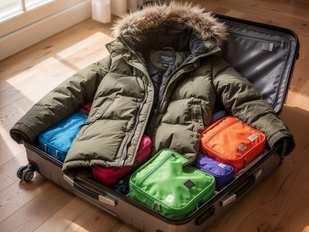 Heavy winter coat laid flat across packed packing cubes inside an open travel suitcase