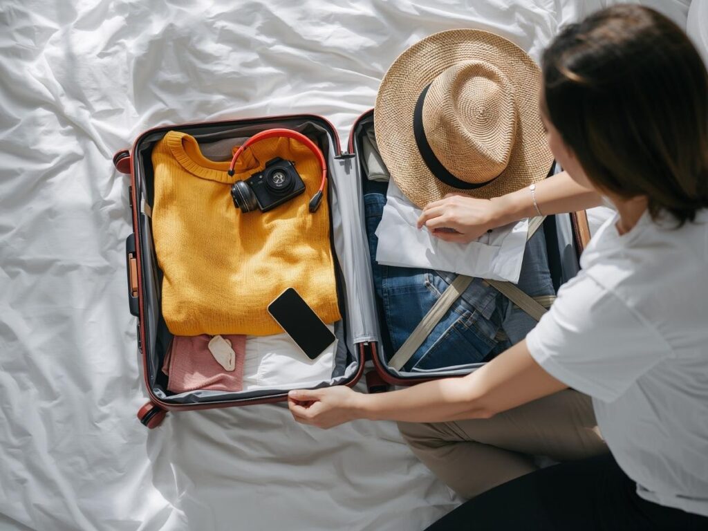 Woman organizing clothes in open suitcase on bed for travel trip
