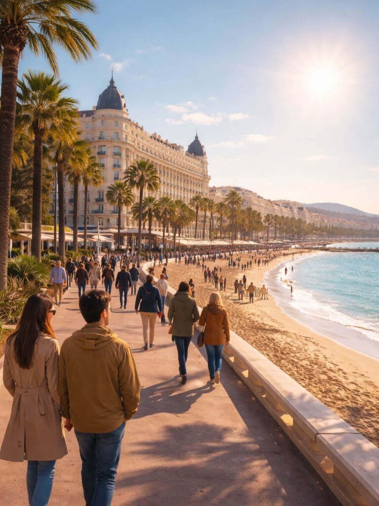 Cannes during busy season and quieter periods along the promenade