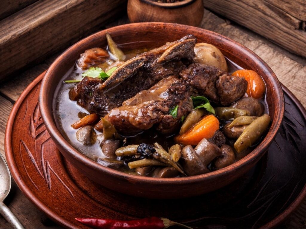 Traditional boeuf bourguignon dish served in Dijon France