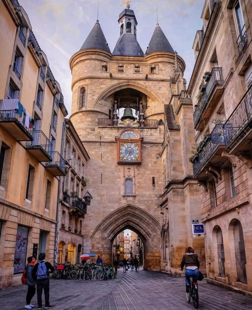 View of Bordeaux Cathedral and city rooftops from Pey Berland Tower