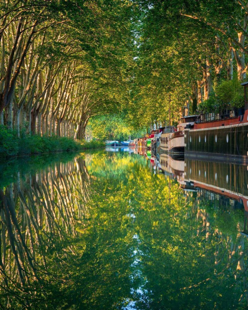 Tree-lined Canal du Midi in Toulouse with walking and cycling path