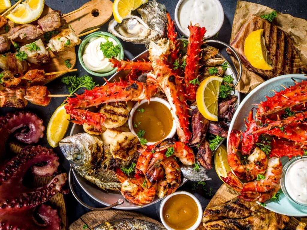 Mediterranean seafood dishes served at a restaurant in Cannes