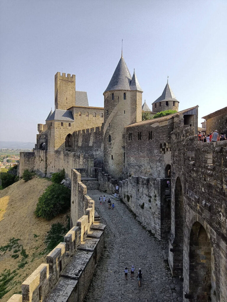 Medieval fortress of Carcassonne with towers and stone walls near Toulouse