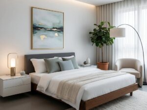 Bright clean-looking hotel room with made bed and modern furnishings