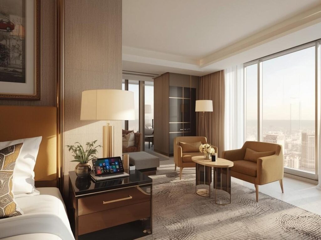  Luxury five-star hotel room with tablet on the nightstand and framed artwork on the wall