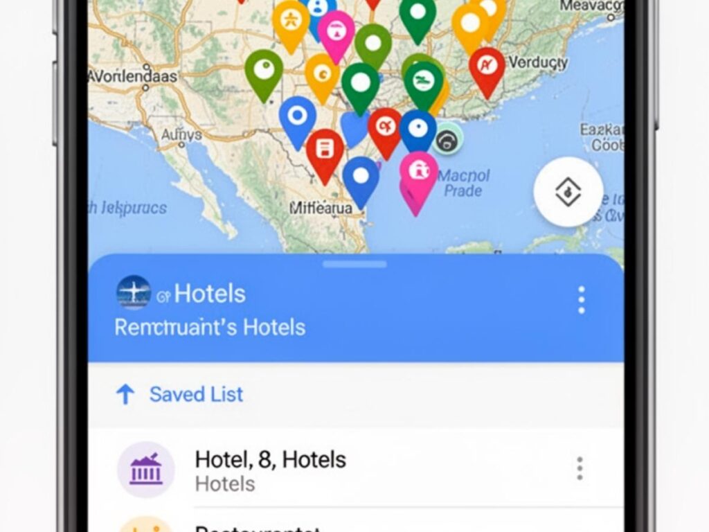 Google Maps saved list on a smartphone showing pinned hotels restaurants and attractions for an upcoming trip